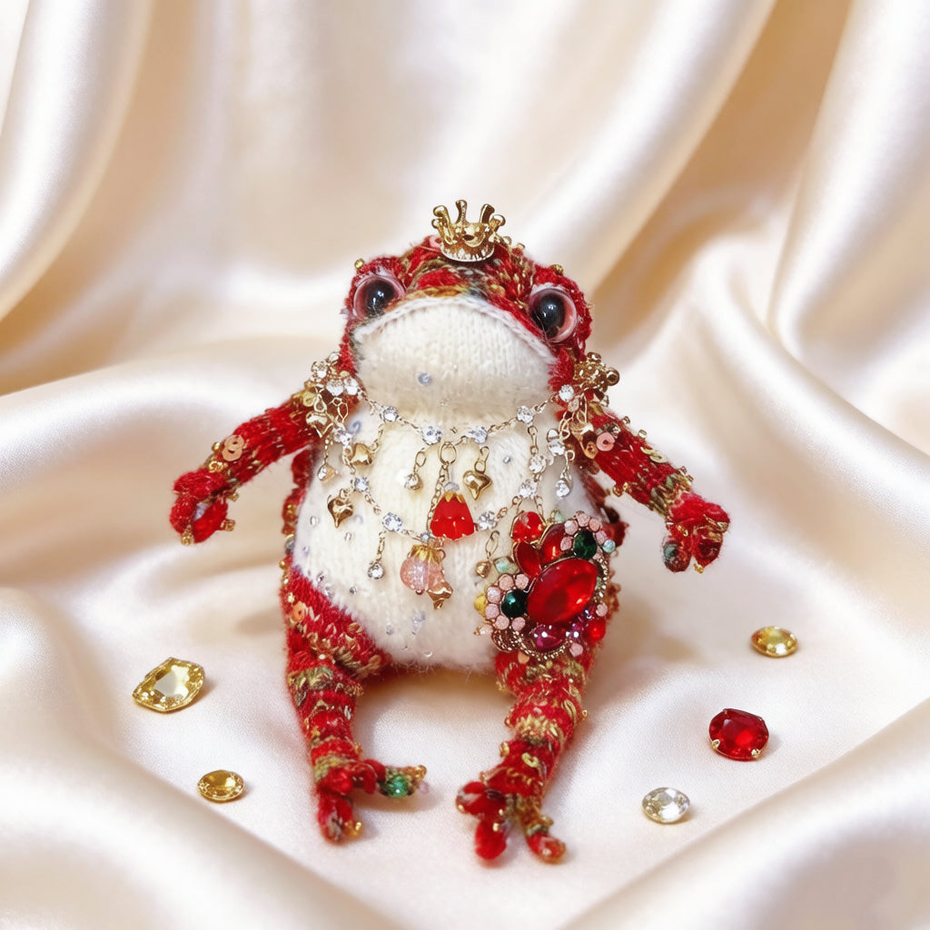 Ruby Jewel Toad – Handcrafted Red Crochet Figurine with Gold Crown, Layered Gem Necklace &amp; Ruby Brooch | The Third Space