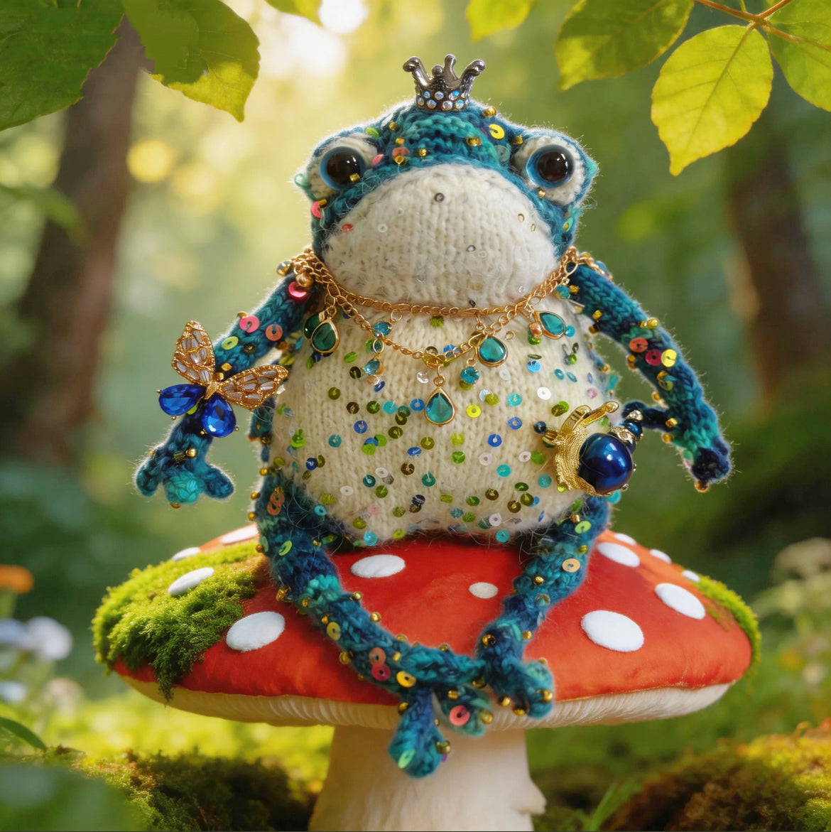 Blue Royal Toad – Enchanted Crochet Figurine | Silver Crown, Golden Butterfly &amp; Tiny Snail