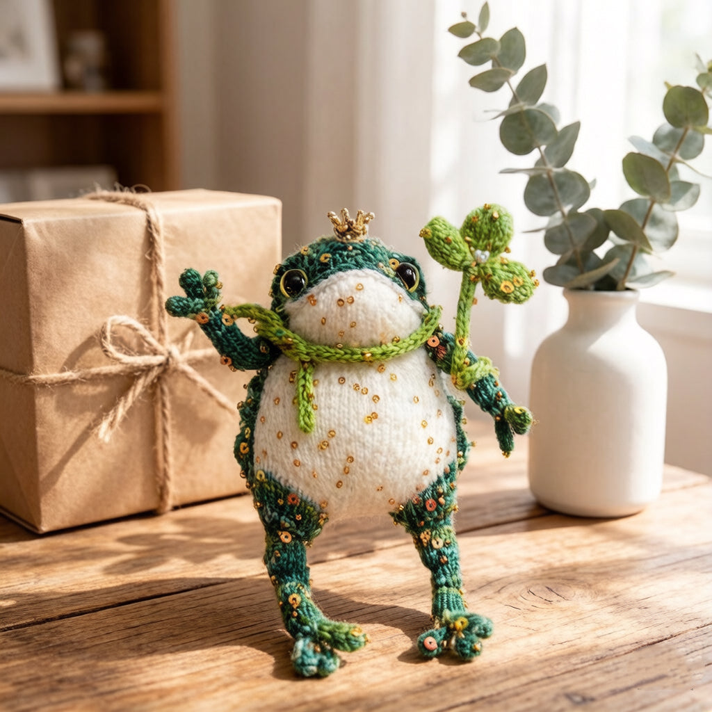 Lucky Golden Toad – Four-Leaf Clover Edition | Handmade Manifestation Frog with Shamrock