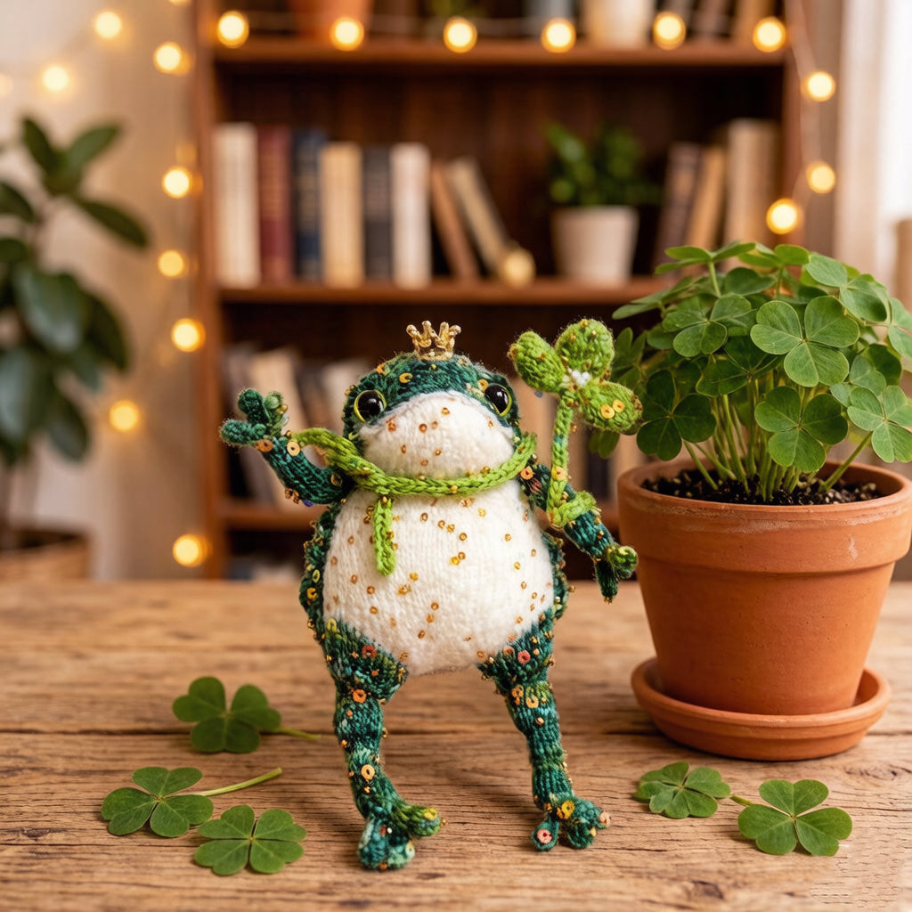 Lucky Golden Toad – Four-Leaf Clover Edition | Handmade Manifestation Frog with Shamrock