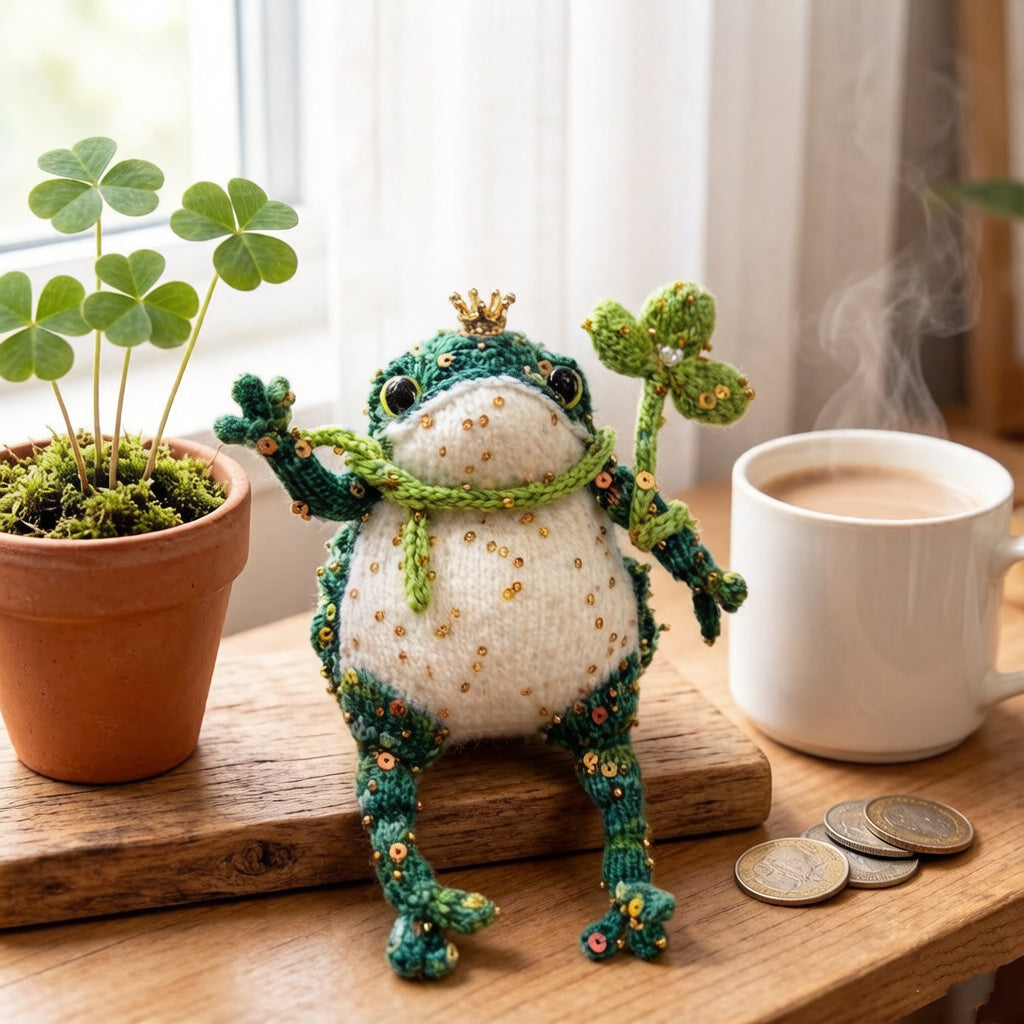 Lucky Golden Toad – Four-Leaf Clover Edition | Handmade Manifestation Frog with Shamrock