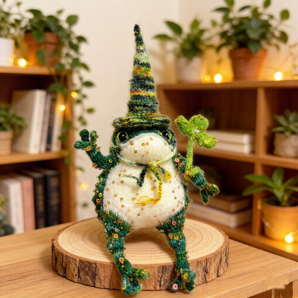 Lucky Golden Toad – Four-Leaf Clover Edition | Handmade Manifestation Frog with Shamrock