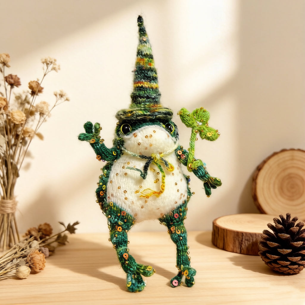 Lucky Golden Toad – Four-Leaf Clover Edition | Handmade Manifestation Frog with Shamrock