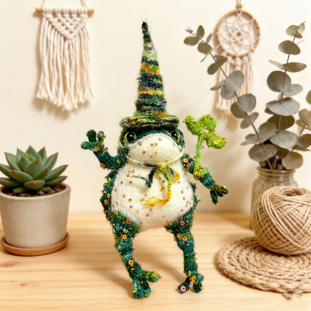 Lucky Golden Toad – Four-Leaf Clover Edition | Handmade Manifestation Frog with Shamrock