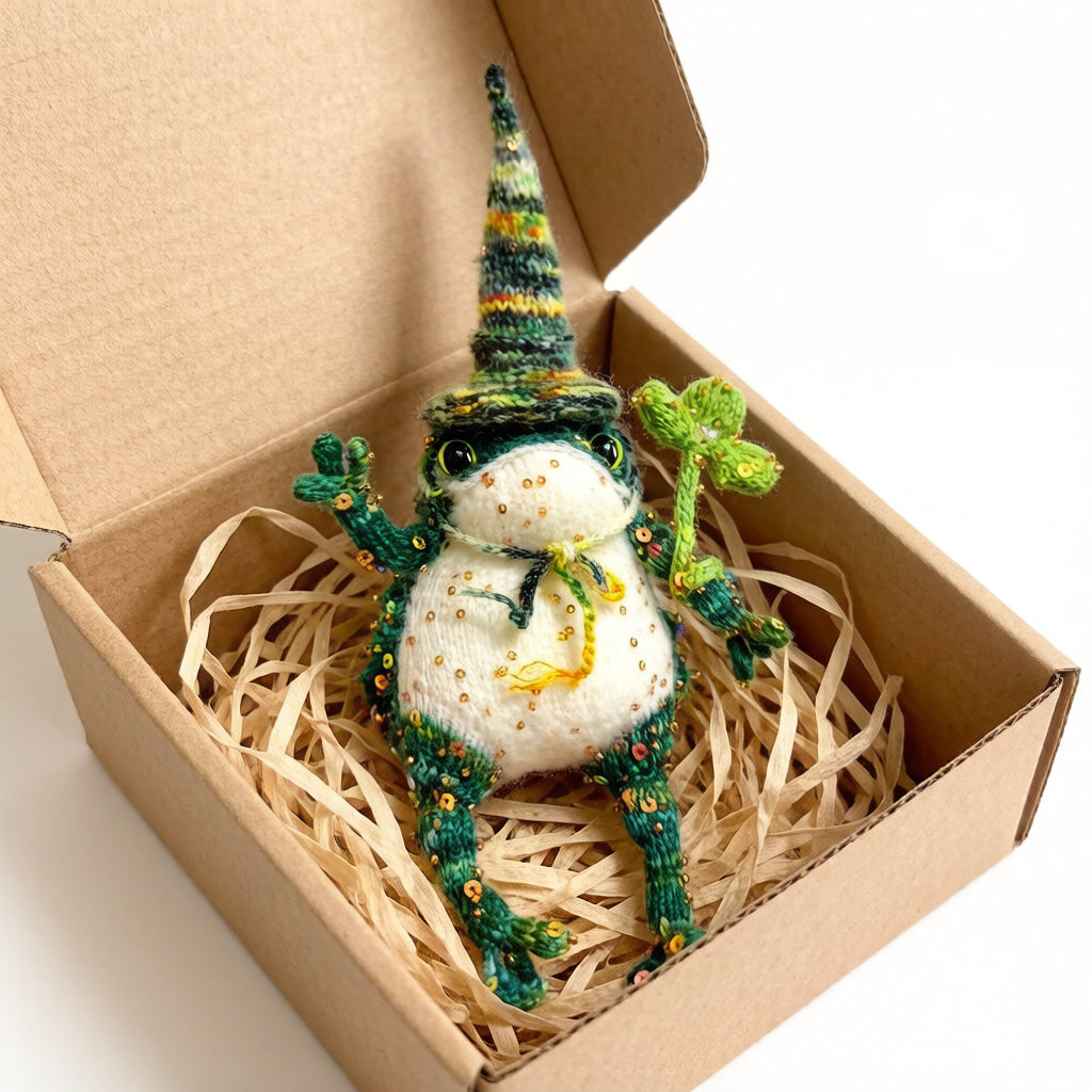 Lucky Golden Toad – Four-Leaf Clover Edition | Handmade Manifestation Frog with Shamrock