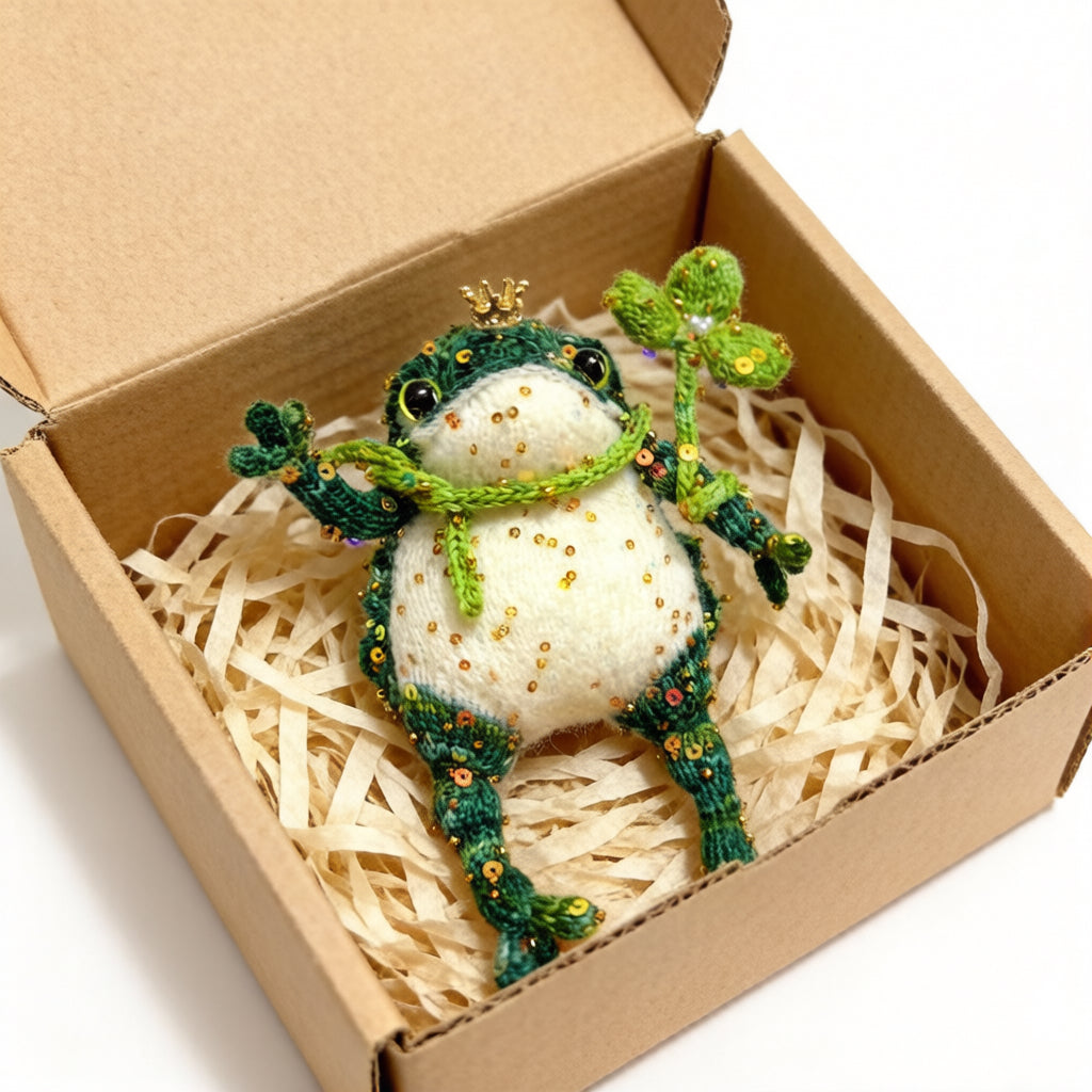 Lucky Golden Toad – Four-Leaf Clover Edition | Handmade Manifestation Frog with Shamrock