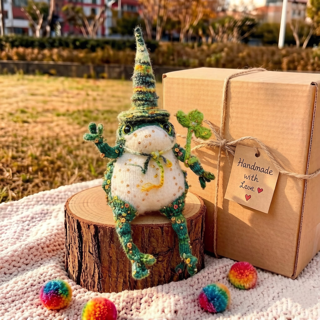 Lucky Golden Toad – Four-Leaf Clover Edition | Handmade Manifestation Frog with Shamrock