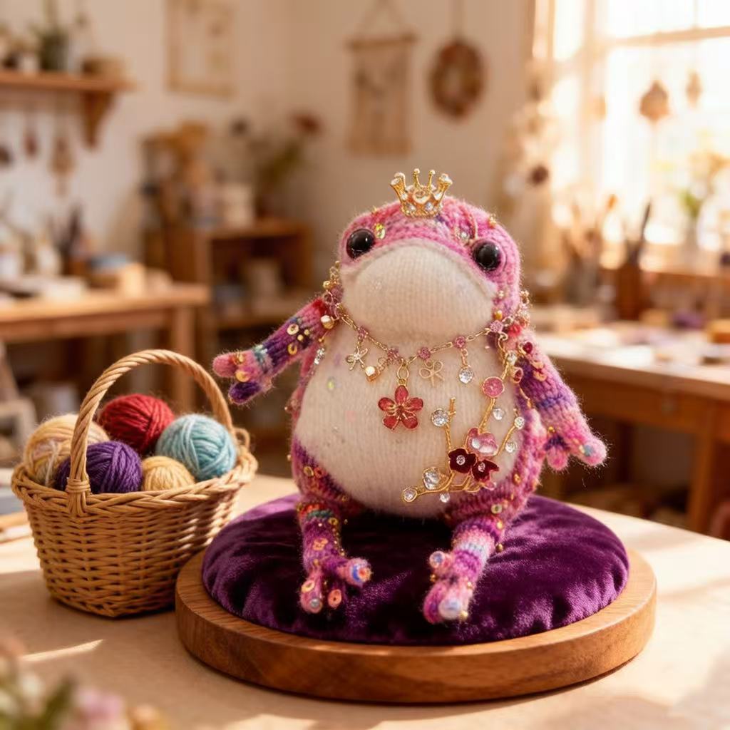 Blossom Golden Toad – Pink Bejeweled Edition | Floral Necklace & Flower Branch Manifestation Frog