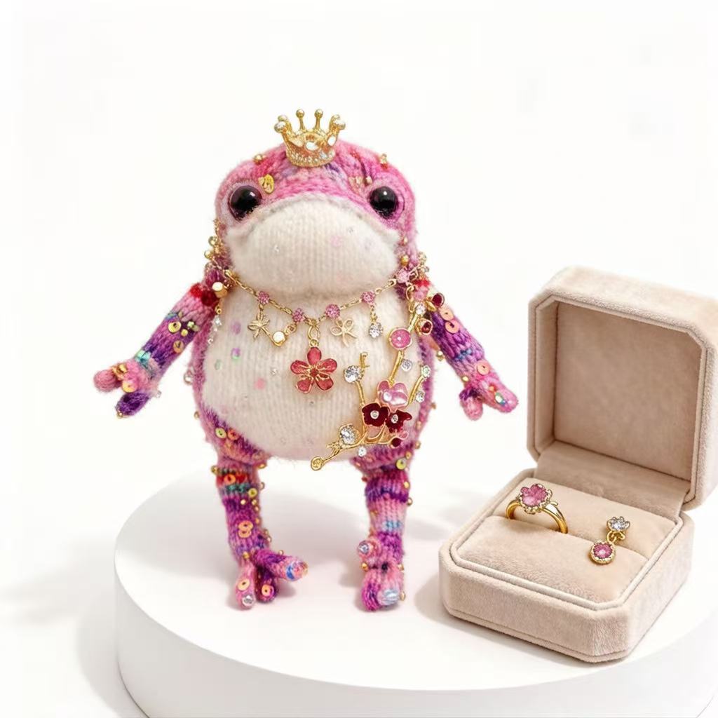 Blossom Golden Toad – Pink Bejeweled Edition | Floral Necklace & Flower Branch Manifestation Frog
