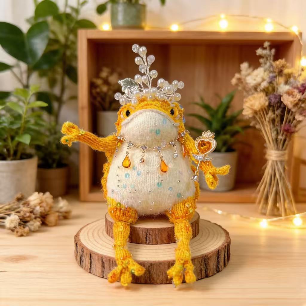 Royal Scepter Golden Toad – Pearl & Crystal Edition | Heart-Wielding Manifestation Frog with Pearl Tiara & Teardrop Necklace