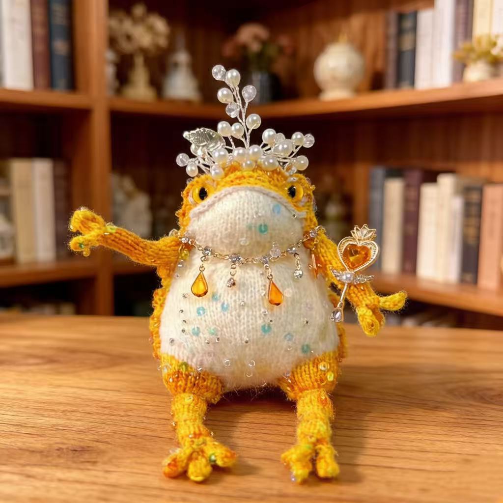 Royal Scepter Golden Toad – Pearl & Crystal Edition | Heart-Wielding Manifestation Frog with Pearl Tiara & Teardrop Necklace