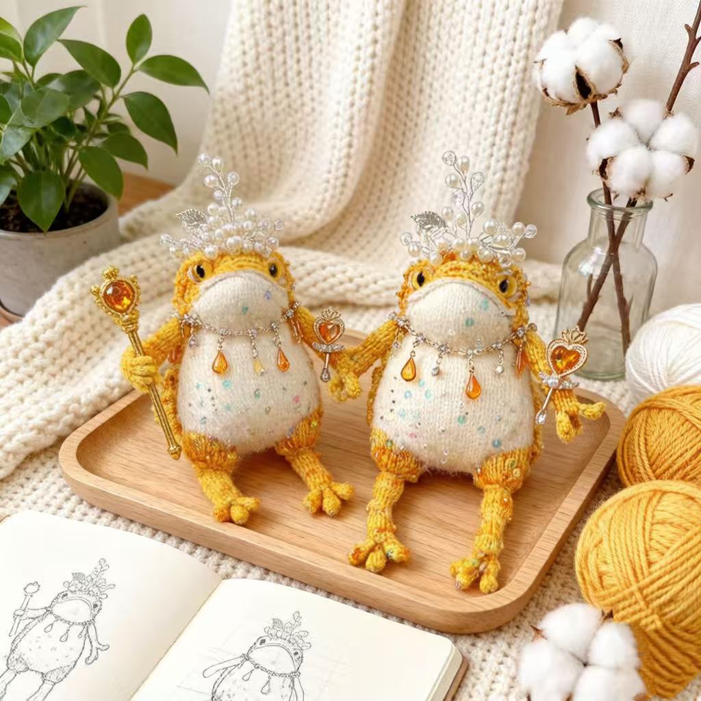 Royal Scepter Golden Toad – Pearl & Crystal Edition | Heart-Wielding Manifestation Frog with Pearl Tiara & Teardrop Necklace