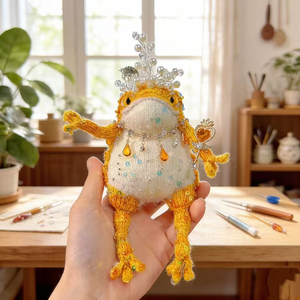 Royal Scepter Golden Toad – Pearl & Crystal Edition | Heart-Wielding Manifestation Frog with Pearl Tiara & Teardrop Necklace