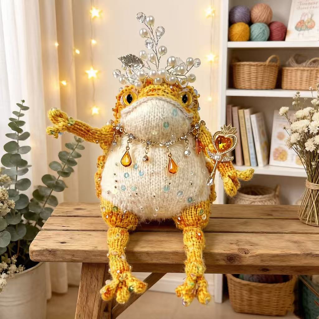 Royal Scepter Golden Toad – Pearl & Crystal Edition | Heart-Wielding Manifestation Frog with Pearl Tiara & Teardrop Necklace