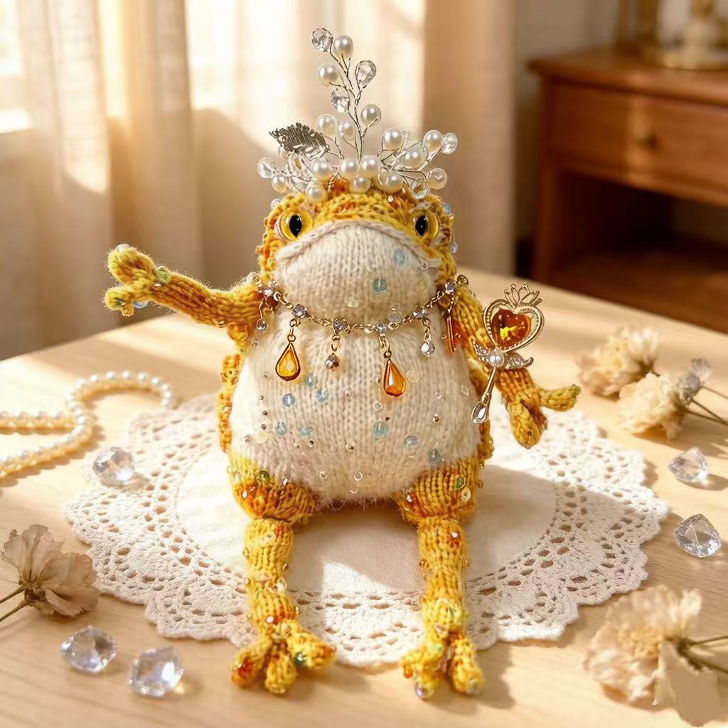 Royal Scepter Golden Toad – Pearl & Crystal Edition | Heart-Wielding Manifestation Frog with Pearl Tiara & Teardrop Necklace