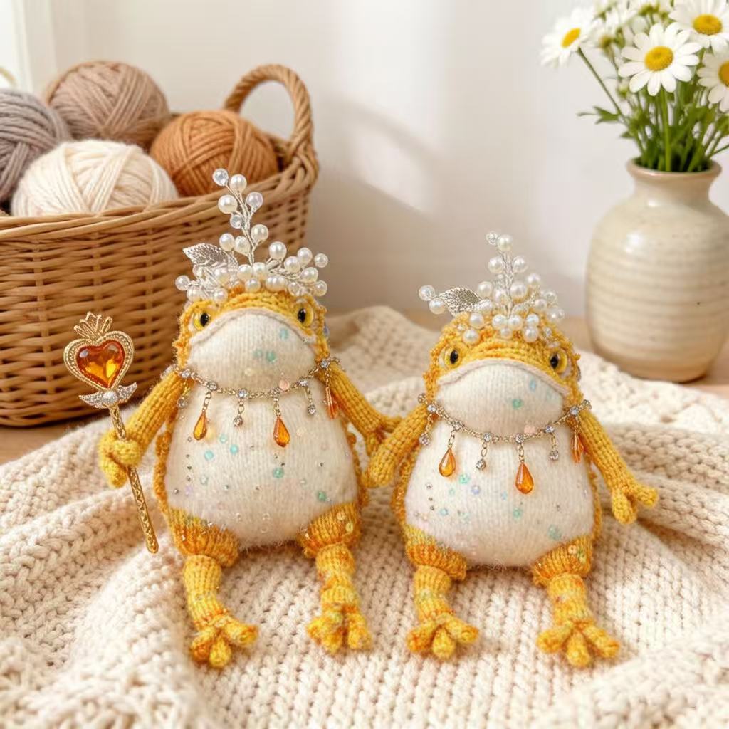 Royal Scepter Golden Toad – Pearl & Crystal Edition | Heart-Wielding Manifestation Frog with Pearl Tiara & Teardrop Necklace