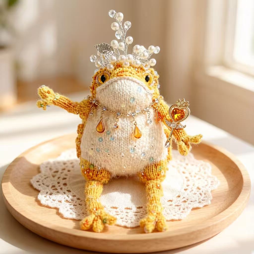 Royal Scepter Golden Toad – Pearl & Crystal Edition | Heart-Wielding Manifestation Frog with Pearl Tiara & Teardrop Necklace