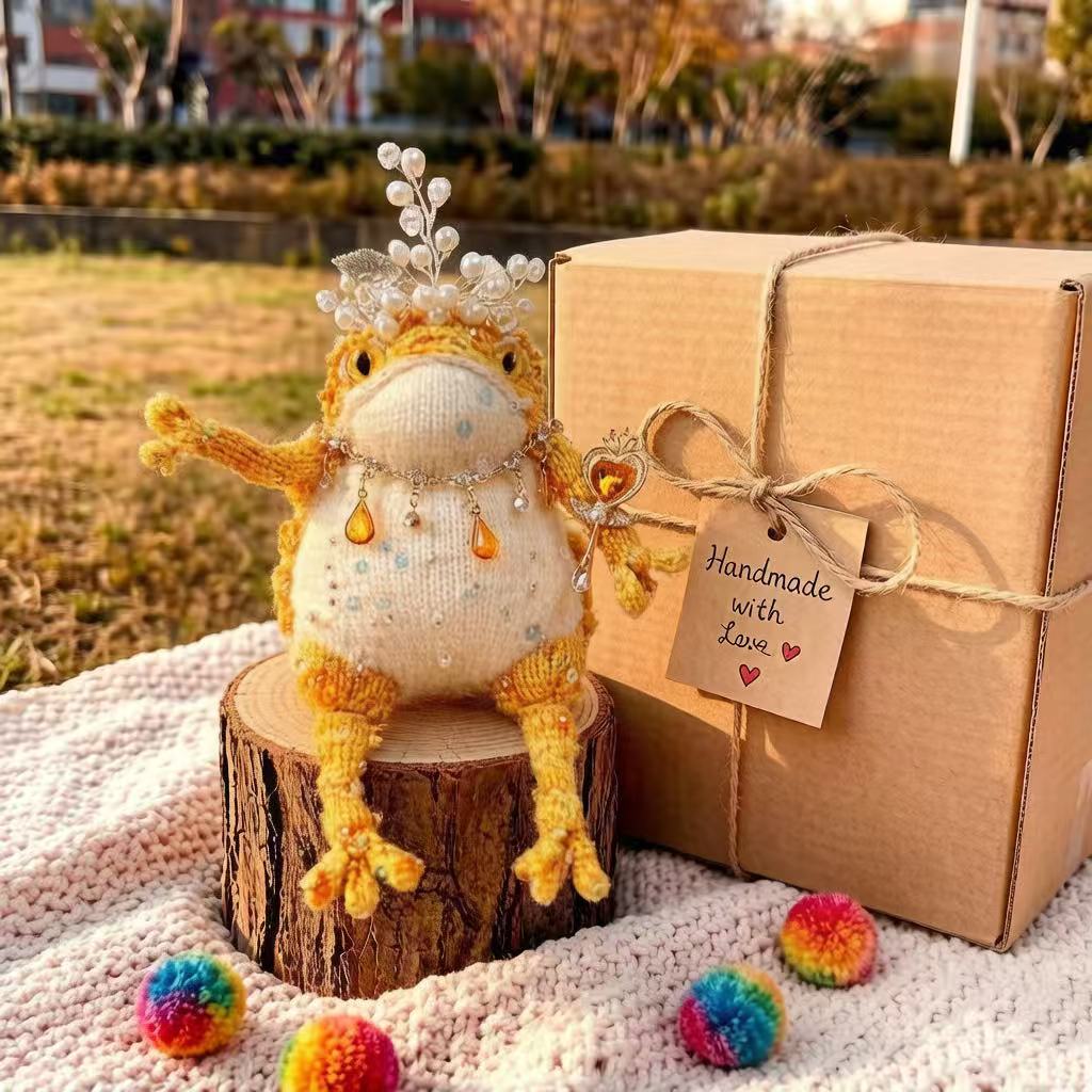 Royal Scepter Golden Toad – Pearl & Crystal Edition | Heart-Wielding Manifestation Frog with Pearl Tiara & Teardrop Necklace