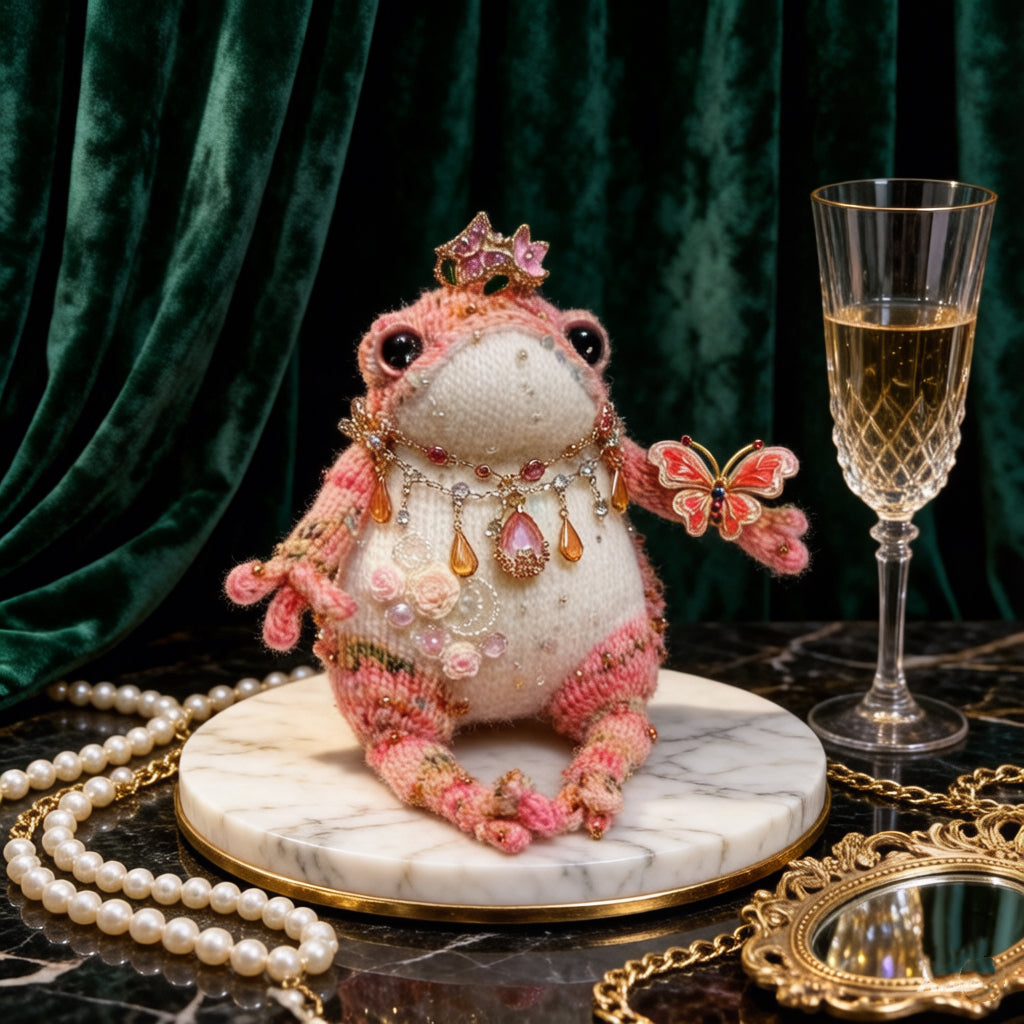 Rosy Crown Toad – Bejeweled Princess Edition | Handmade Crochet TOAD with Butterfly Brooch, Crystal Crown & Pearl Necklace
