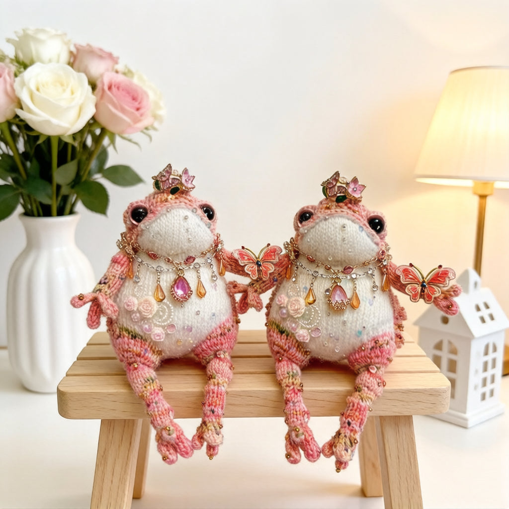 Rosy Crown Toad – Bejeweled Princess Edition | Handmade Crochet TOAD with Butterfly Brooch, Crystal Crown & Pearl Necklace
