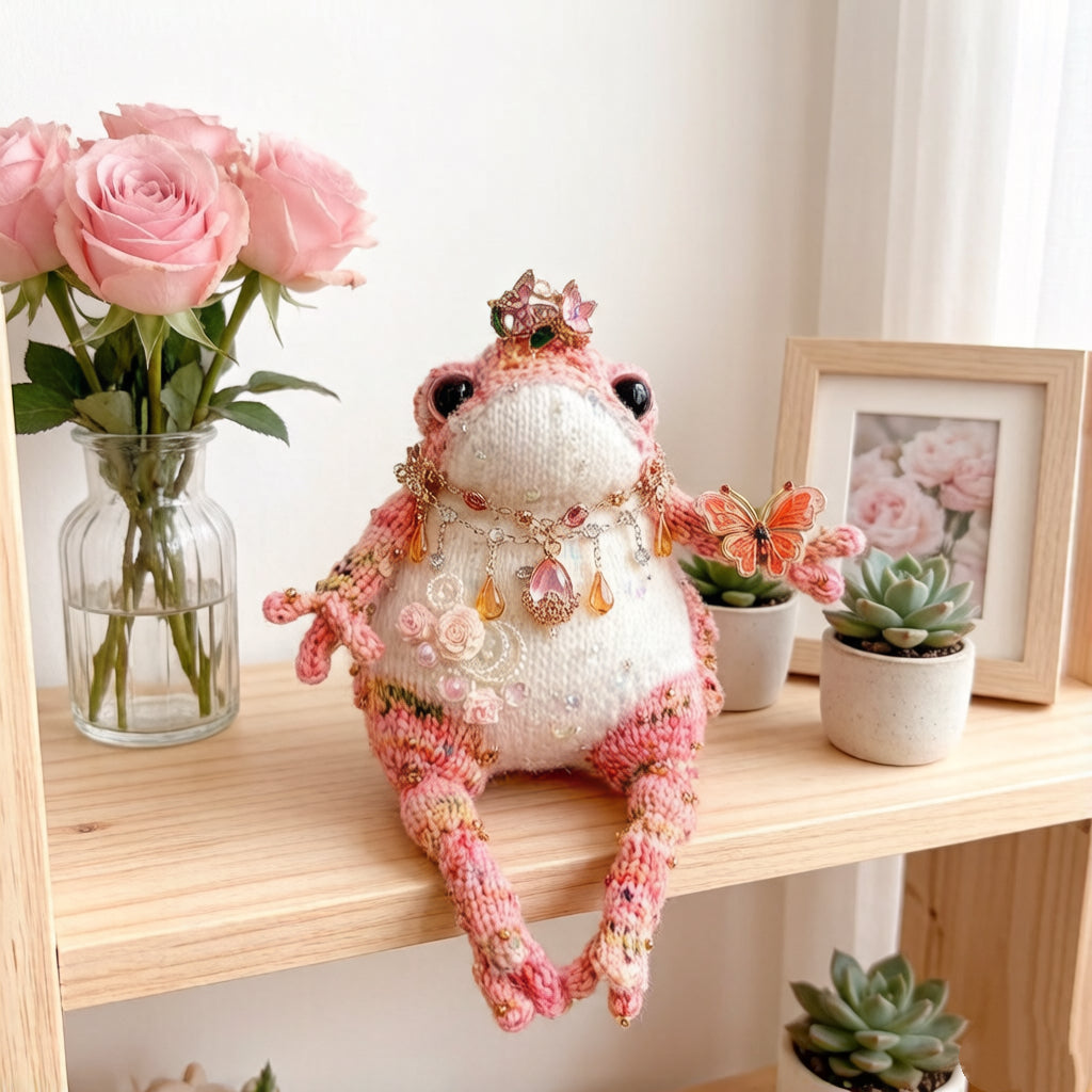 Rosy Crown Toad – Bejeweled Princess Edition | Handmade Crochet TOAD with Butterfly Brooch, Crystal Crown & Pearl Necklace