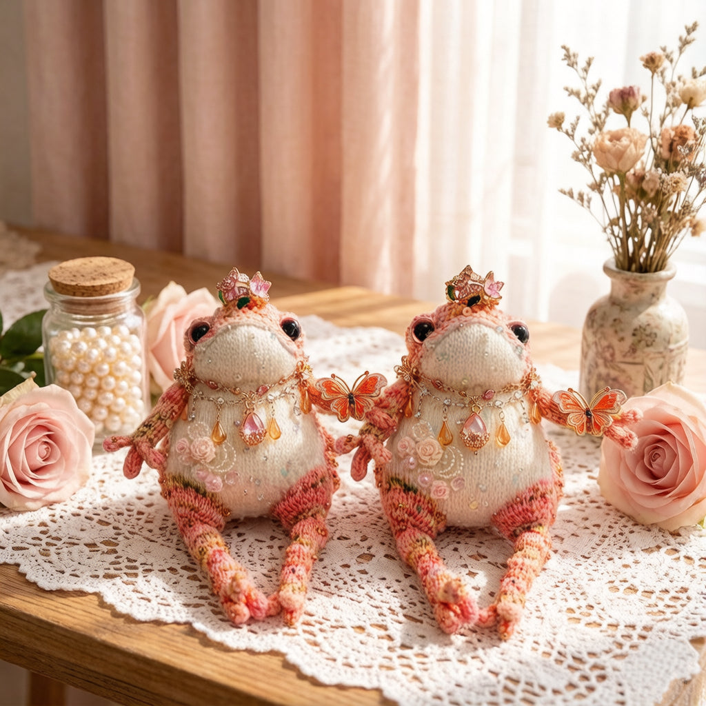 Rosy Crown Toad – Bejeweled Princess Edition | Handmade Crochet TOAD with Butterfly Brooch, Crystal Crown & Pearl Necklace