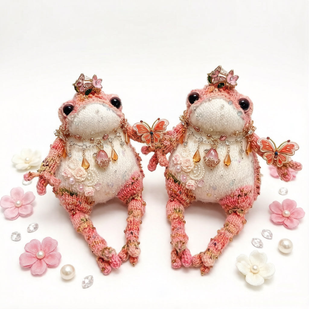 Rosy Crown Toad – Bejeweled Princess Edition | Handmade Crochet TOAD with Butterfly Brooch, Crystal Crown & Pearl Necklace