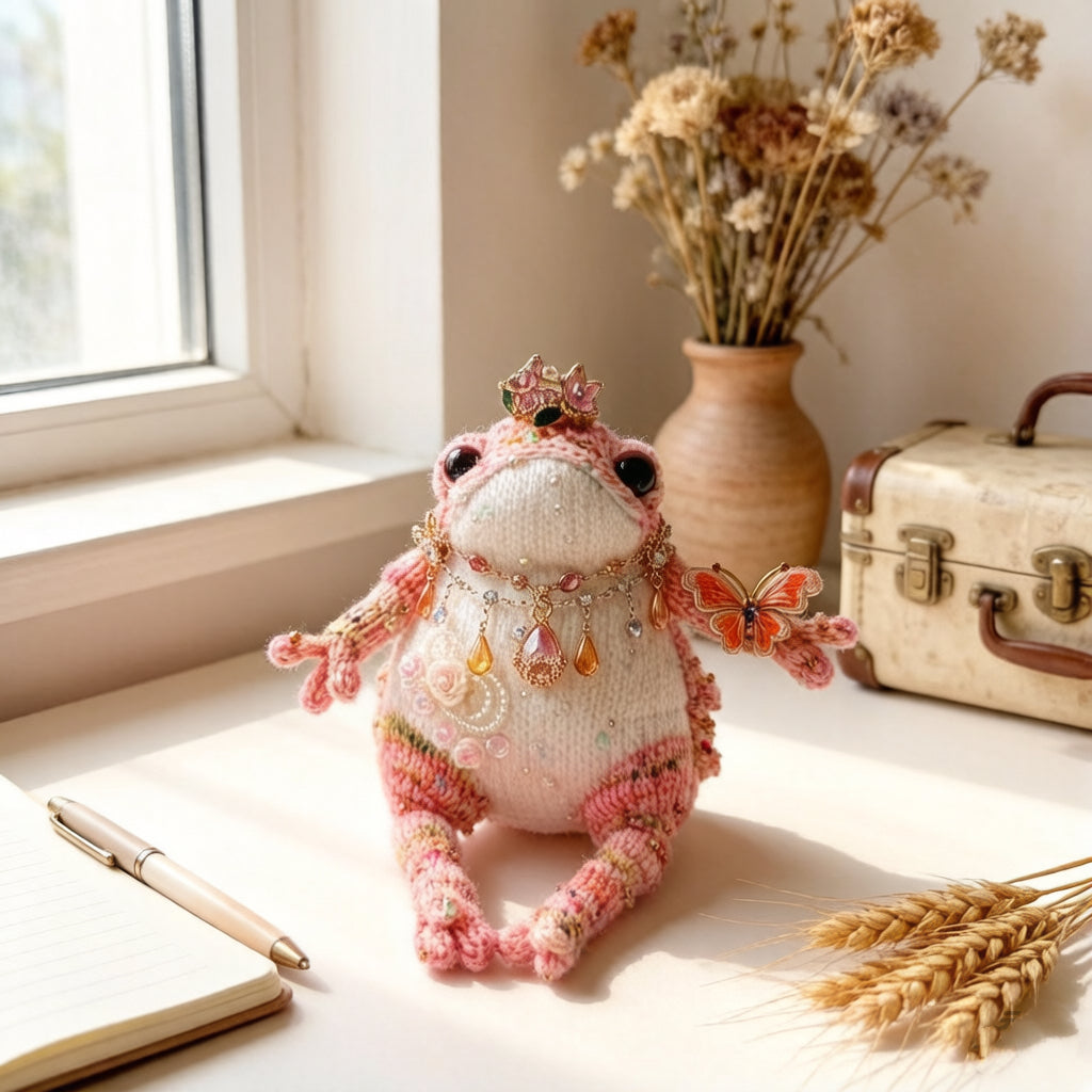 Rosy Crown Toad – Bejeweled Princess Edition | Handmade Crochet TOAD with Butterfly Brooch, Crystal Crown & Pearl Necklace