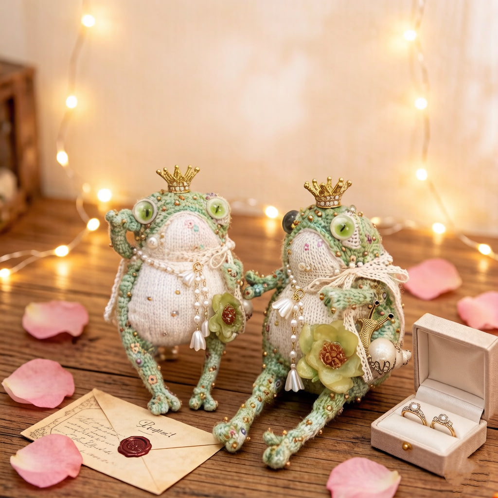 Mint Court Toad – Crystal Crown &amp; Bellflower Pendant Edition | Handmade Knitted Frog with Pearl Lace, Emerald Eyes &amp; Floral Side Embellishments
