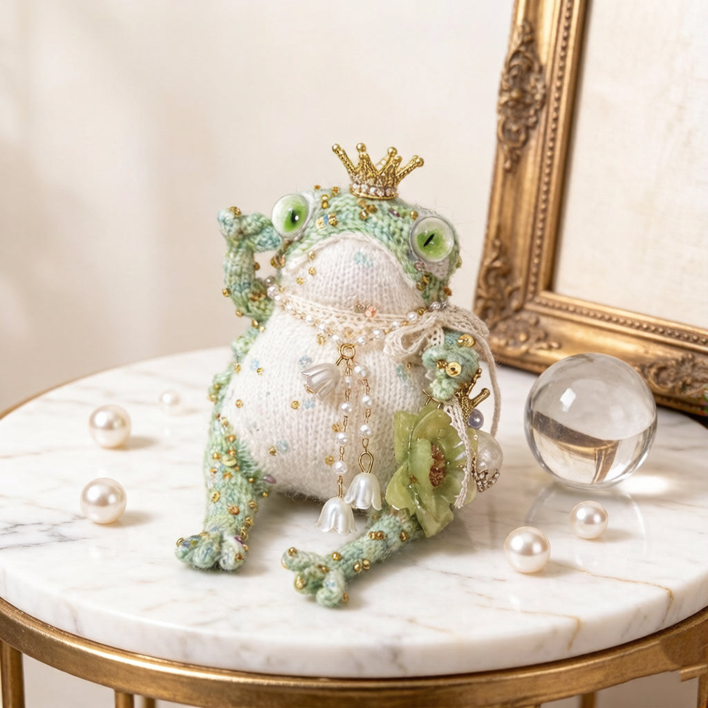 Mint Court Toad – Crystal Crown &amp; Bellflower Pendant Edition | Handmade Knitted Frog with Pearl Lace, Emerald Eyes &amp; Floral Side Embellishments