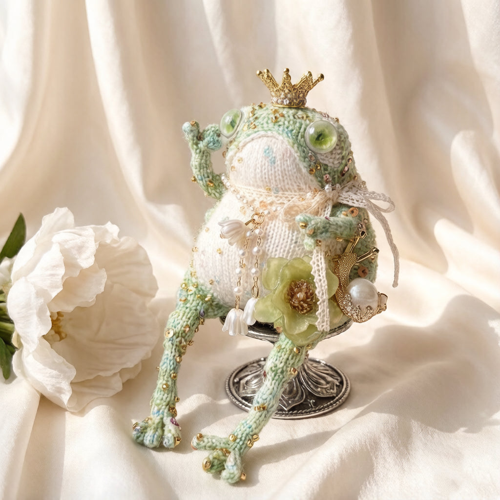 Mint Court Toad – Crystal Crown &amp; Bellflower Pendant Edition | Handmade Knitted Frog with Pearl Lace, Emerald Eyes &amp; Floral Side Embellishments
