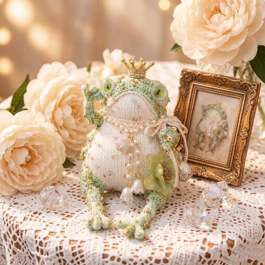 Mint Court Toad – Crystal Crown &amp; Bellflower Pendant Edition | Handmade Knitted Frog with Pearl Lace, Emerald Eyes &amp; Floral Side Embellishments