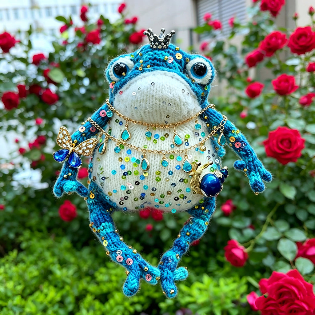 Blue Royal Toad – Enchanted Crochet Figurine | Silver Crown, Golden Butterfly &amp; Tiny Snail