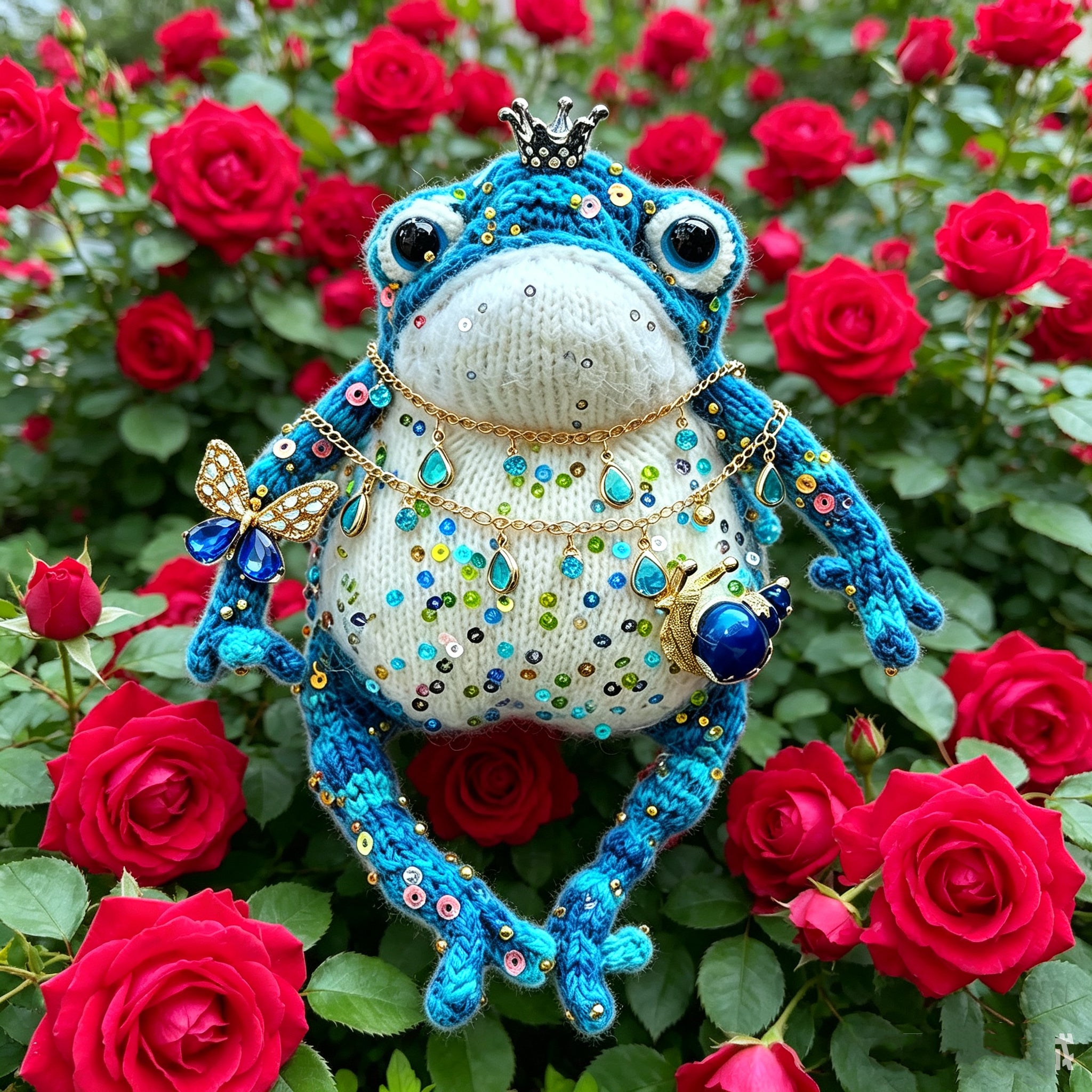 Blue Royal Toad – Enchanted Crochet Figurine | Silver Crown, Golden Butterfly &amp; Tiny Snail