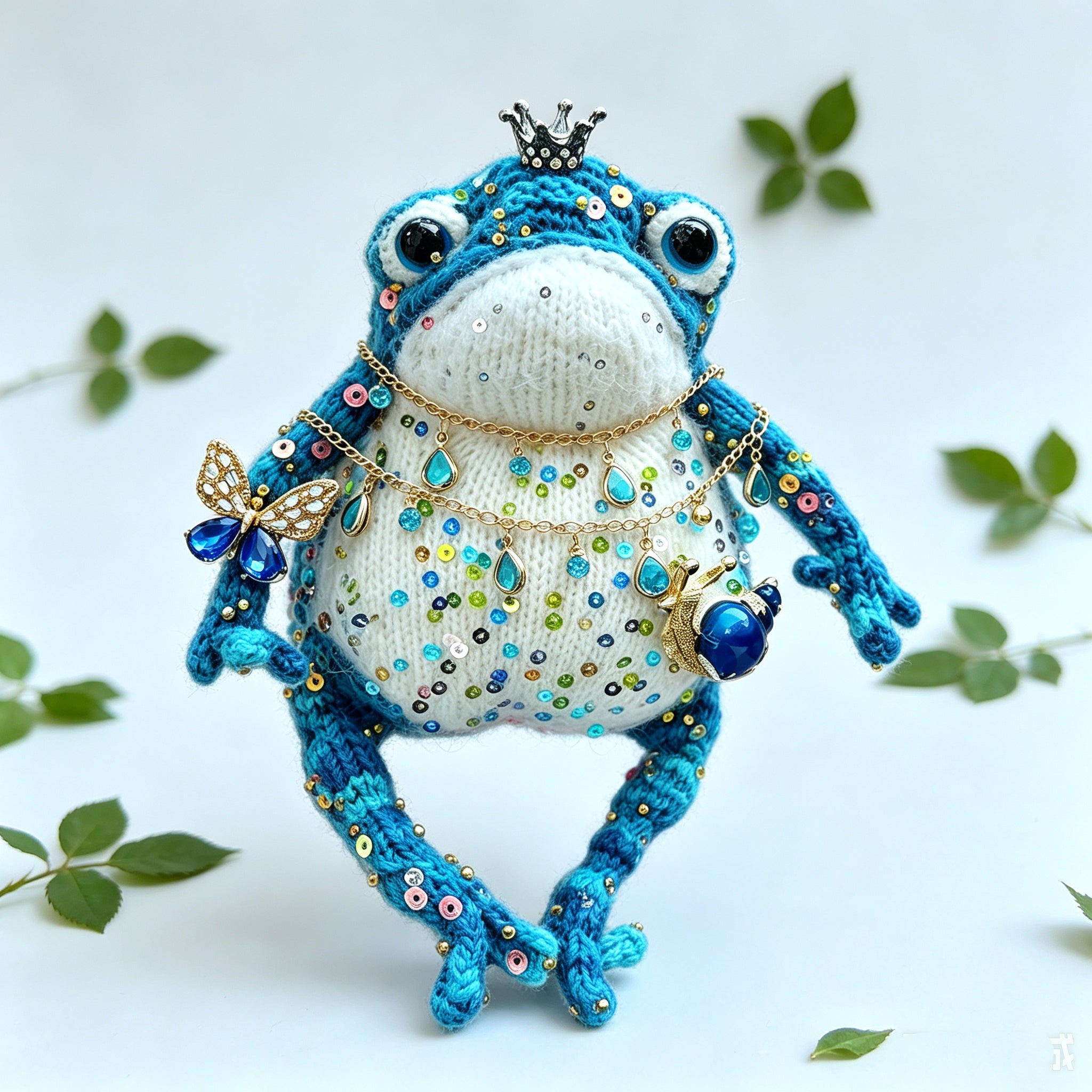 Blue Royal Toad – Enchanted Crochet Figurine | Silver Crown, Golden Butterfly &amp; Tiny Snail