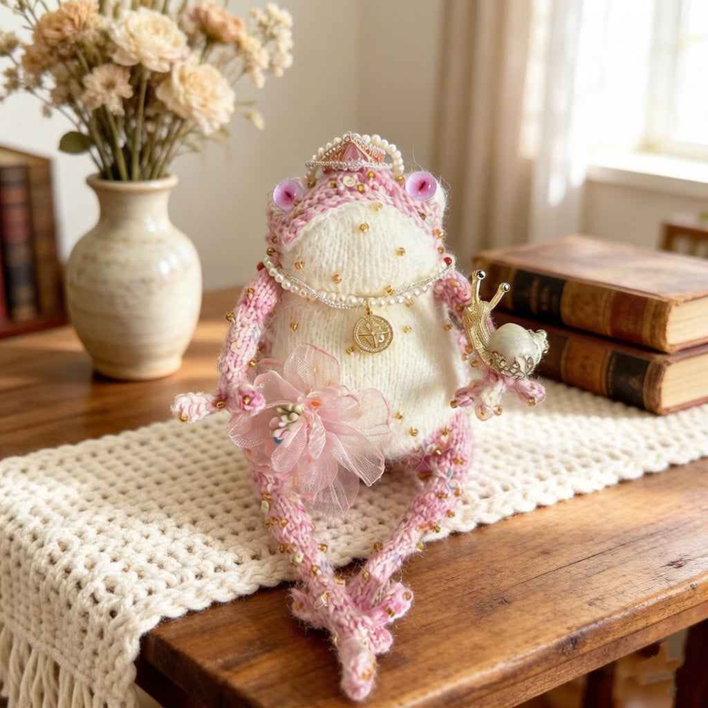 Pink Princess Toad – Crochet Fairy-Tale Figurine | Golden Crown, Pearl Necklace &amp; Snail Companion
