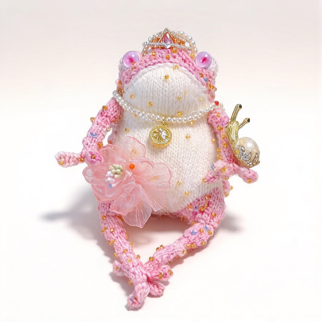 Pink Princess Toad – Crochet Fairy-Tale Figurine | Golden Crown, Pearl Necklace &amp; Snail Companion