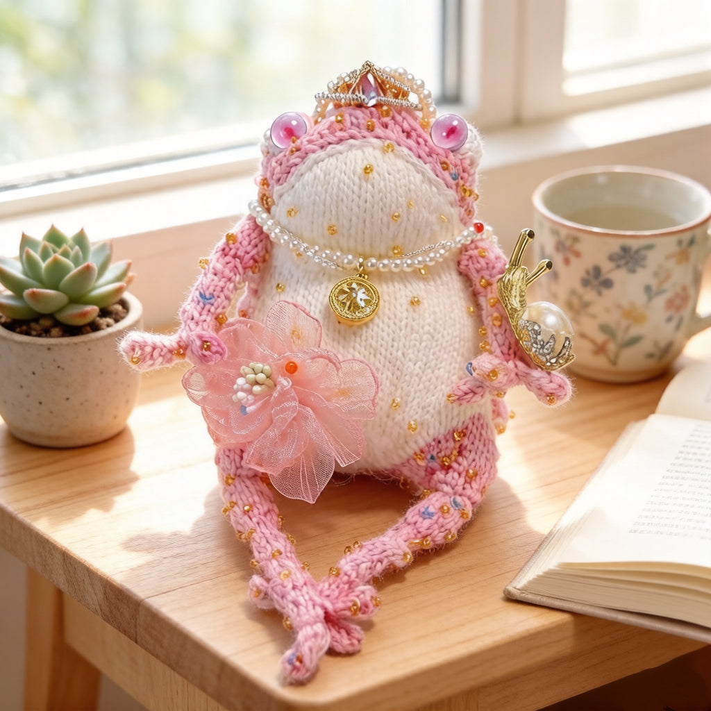 Pink Princess Toad – Crochet Fairy-Tale Figurine | Golden Crown, Pearl Necklace &amp; Snail Companion