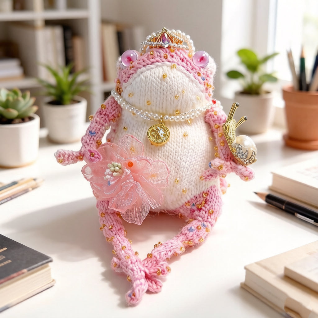 Pink Princess Toad – Crochet Fairy-Tale Figurine | Golden Crown, Pearl Necklace &amp; Snail Companion
