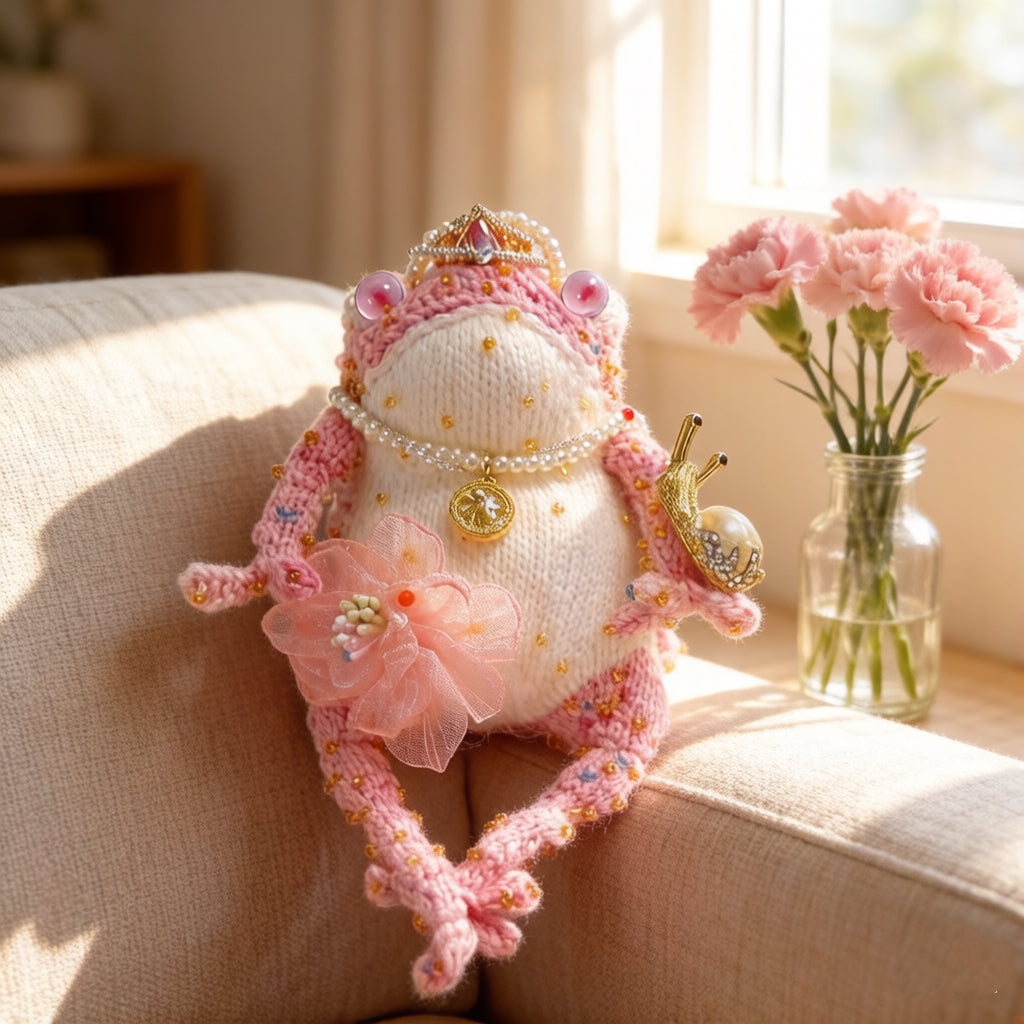 Pink Princess Toad – Crochet Fairy-Tale Figurine | Golden Crown, Pearl Necklace &amp; Snail Companion