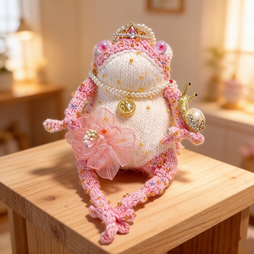 Pink Princess Toad – Crochet Fairy-Tale Figurine | Golden Crown, Pearl Necklace &amp; Snail Companion