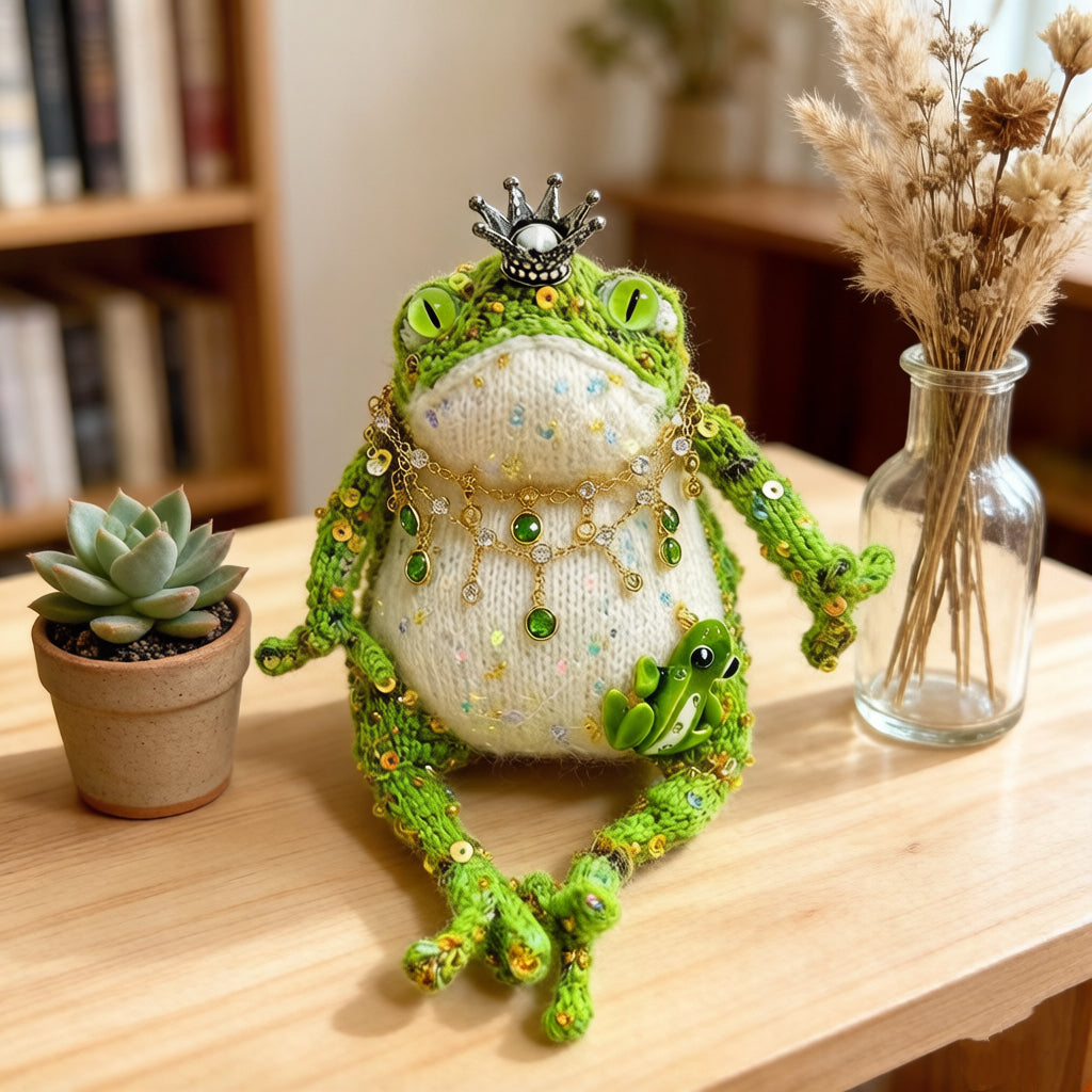 Forest King Toad – Crowned Knitted Figurine | Vintage Jewel Necklace & Baby Toad Companion