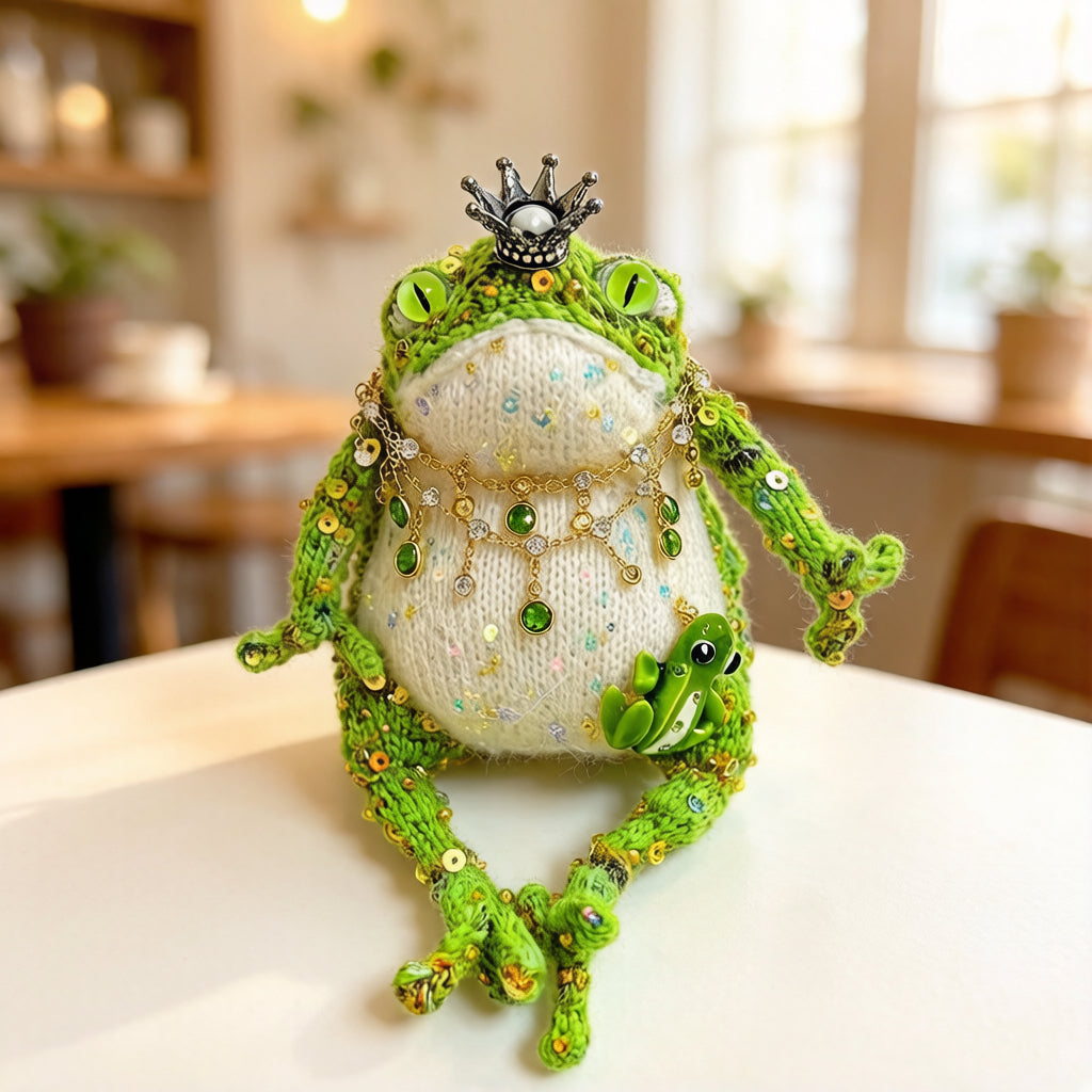Forest King Toad – Crowned Knitted Figurine | Vintage Jewel Necklace & Baby Toad Companion