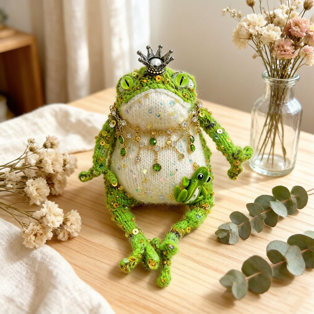 Forest King Toad – Crowned Knitted Figurine | Vintage Jewel Necklace & Baby Toad Companion