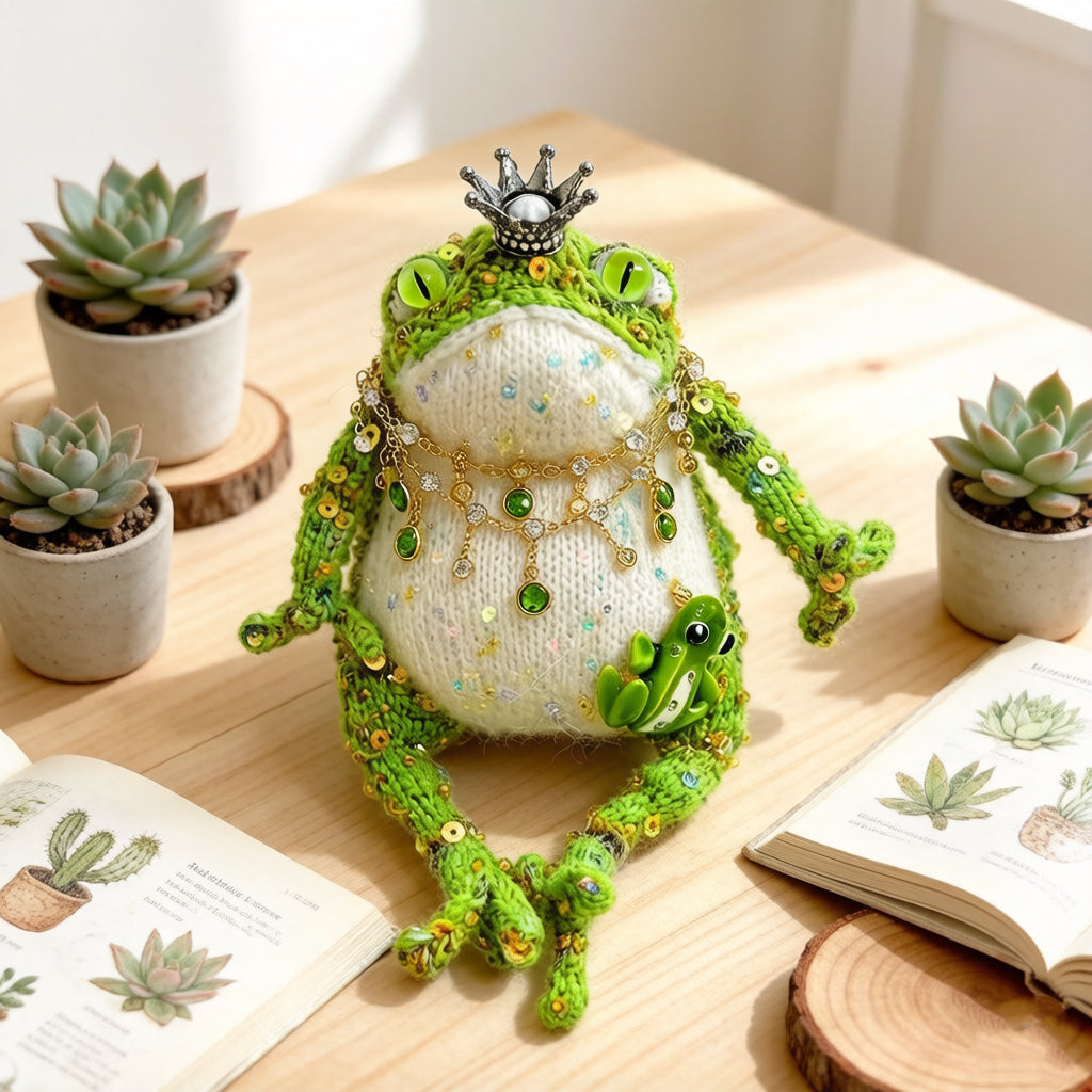 Forest King Toad – Crowned Knitted Figurine | Vintage Jewel Necklace & Baby Toad Companion
