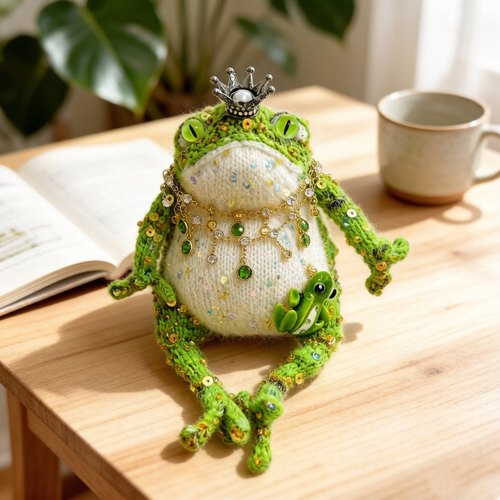 Forest King Toad – Crowned Knitted Figurine | Vintage Jewel Necklace & Baby Toad Companion