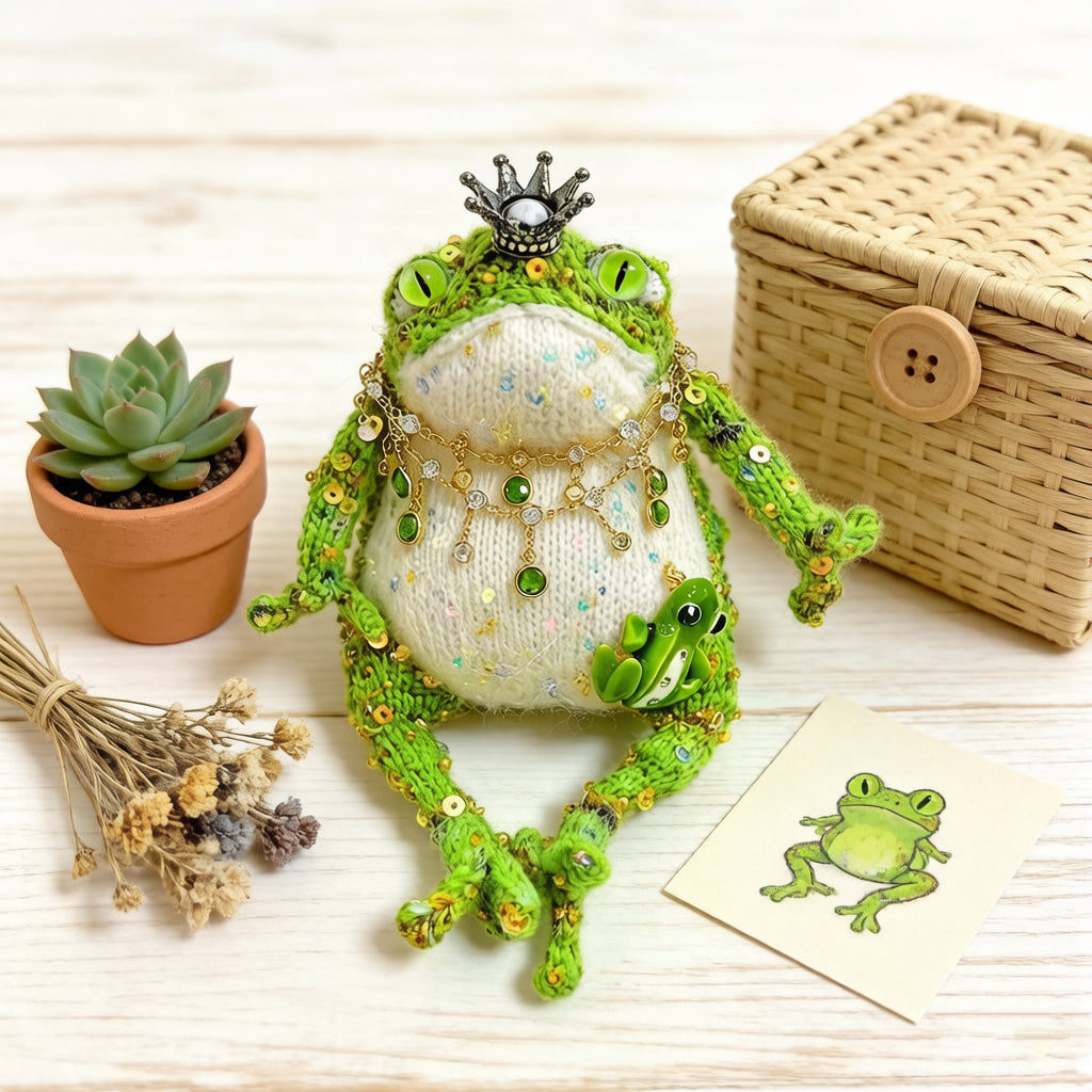 Forest King Toad – Crowned Knitted Figurine | Vintage Jewel Necklace & Baby Toad Companion