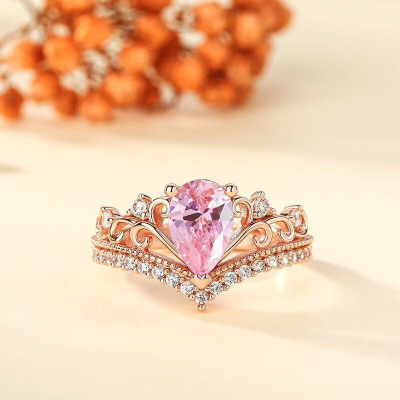 Rose Gold Mini Crown – Princess Toad’s Tiara | Oval Pink Zircon with Heart &amp; Round Stones (Can Be Worn as a Ring)