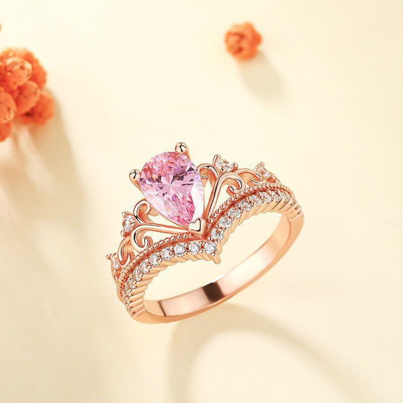 Rose Gold Mini Crown – Princess Toad’s Tiara | Oval Pink Zircon with Heart &amp; Round Stones (Can Be Worn as a Ring)