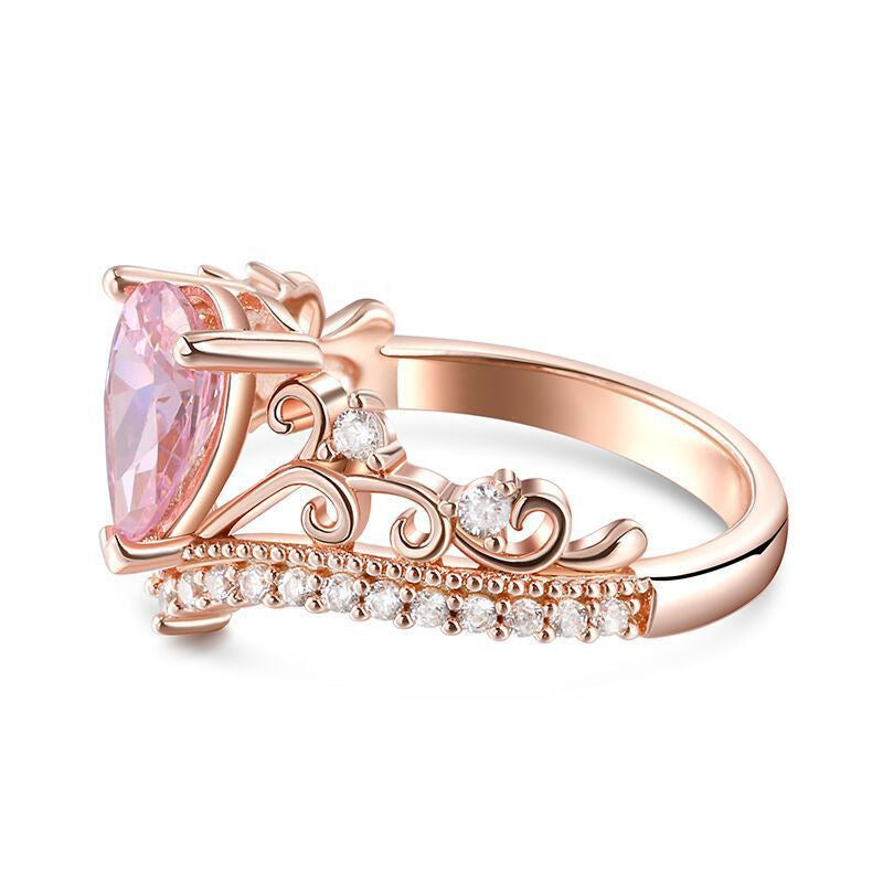 Rose Gold Mini Crown – Princess Toad’s Tiara | Oval Pink Zircon with Heart &amp; Round Stones (Can Be Worn as a Ring)